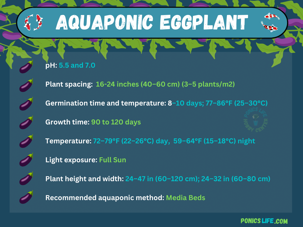 Growing parameters for eggplants in aquaponic systems.