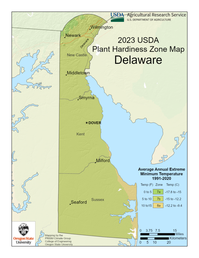 Shows growing zones in the State of Delaware