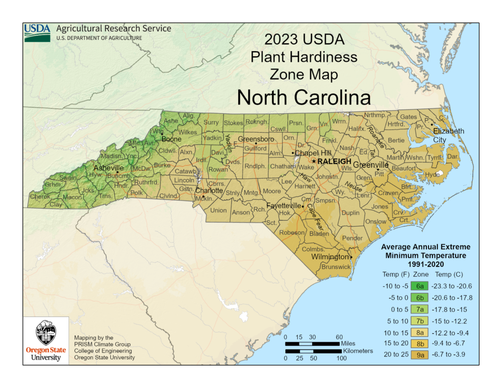 Shows growing zones in North Carolina