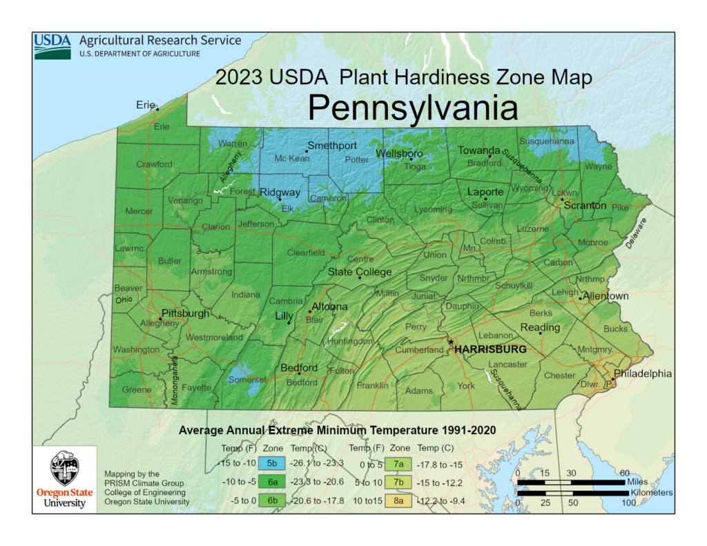 Shows growing zones in Pennsylvania