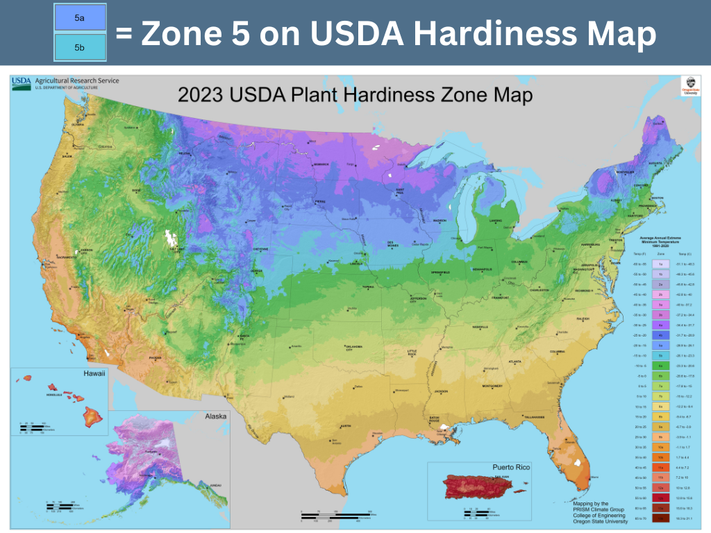 Map that shows where zone 5 is on the USDA Hardiness Zone Map