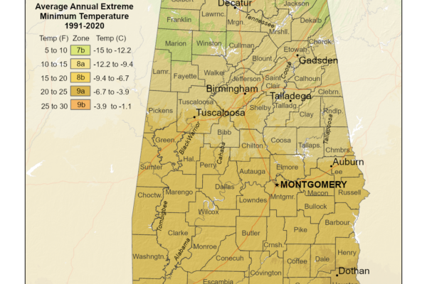 Shows growing zones in the State of Alabama with the USDA Plant Hardiness Zone Map.