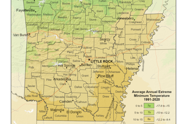 Shows Arkansas planting and growing zones with the USDA Plant Hardiness Zone Map.