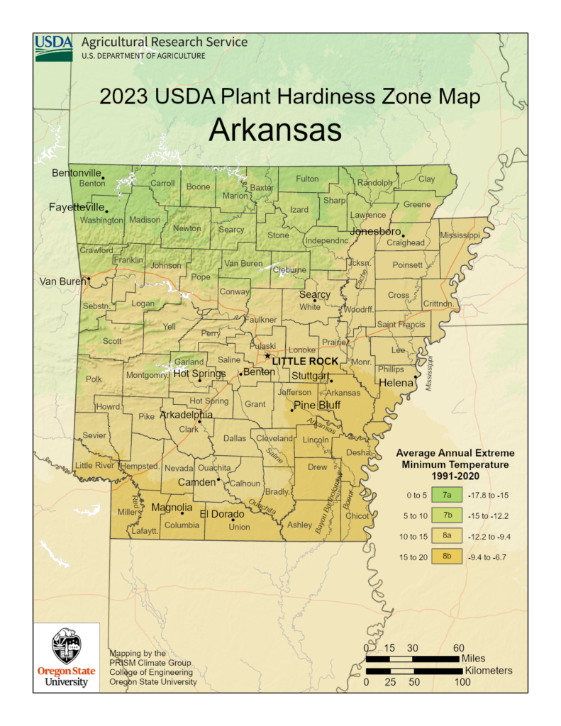 Shows Arkansas planting and growing zones with the USDA Plant Hardiness Zone Map.