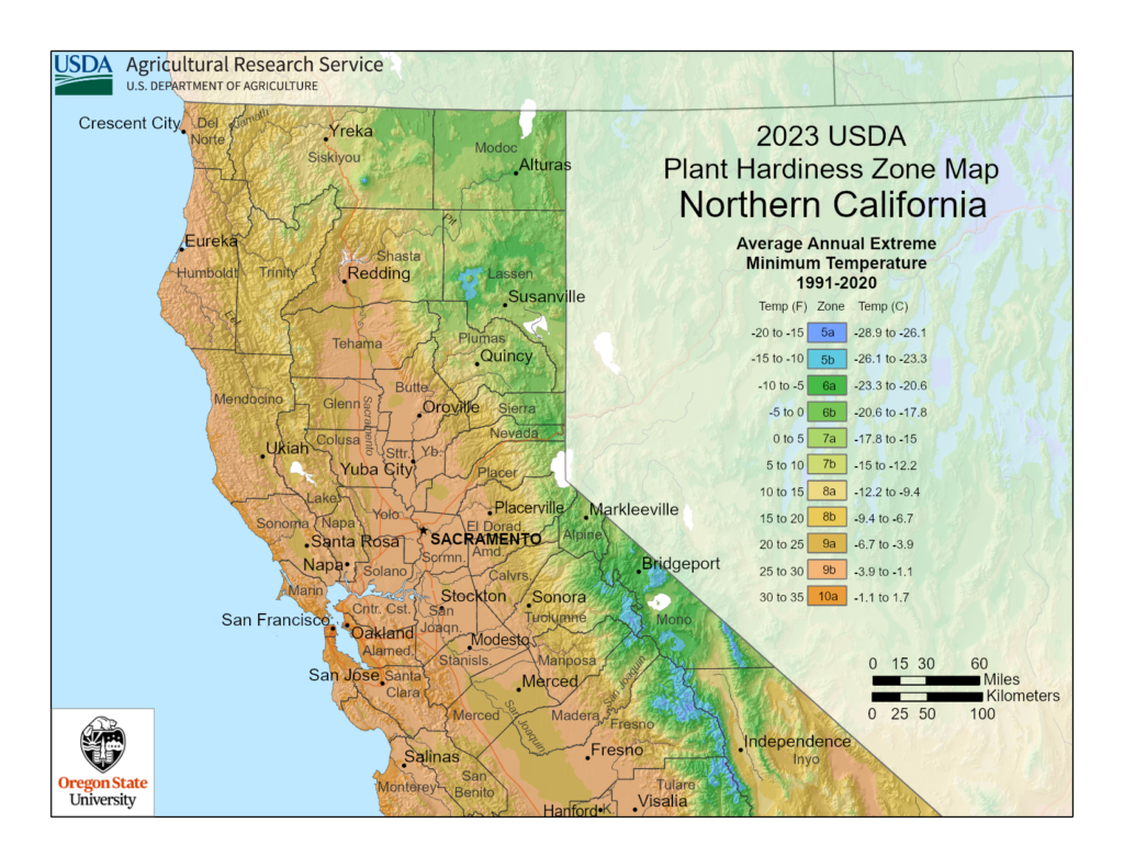 Shows growing zones in the State of California (Northern region) with the USDA Plant Hardiness Zone Map.