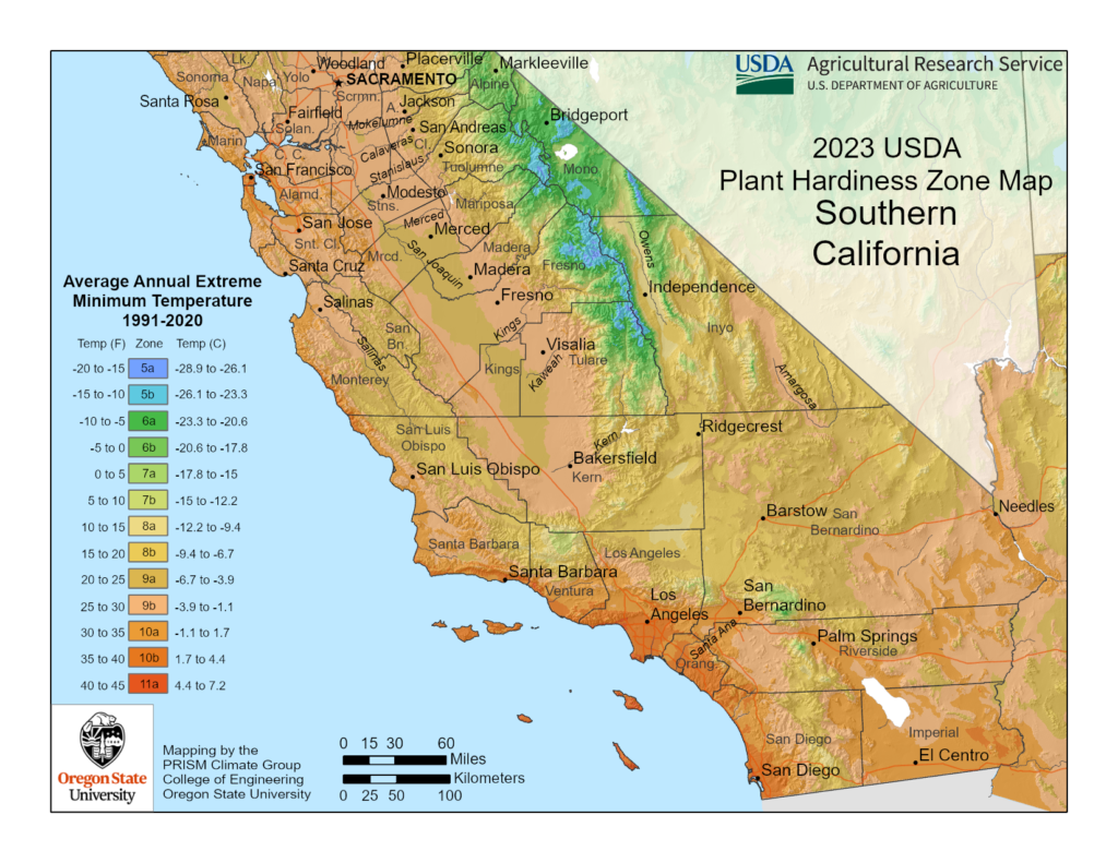 Shows growing zones in California (Southern region) with the USDA Plant Hardiness Zone Map.