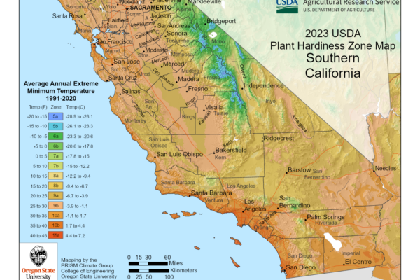 Shows growing zones in California (Southern region) with the USDA Plant Hardiness Zone Map.