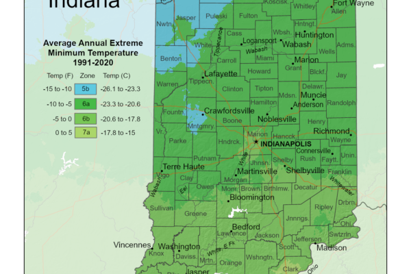 Shows growing zones in Indiana overlayed on the USDA Plant Hardiness Zone Map