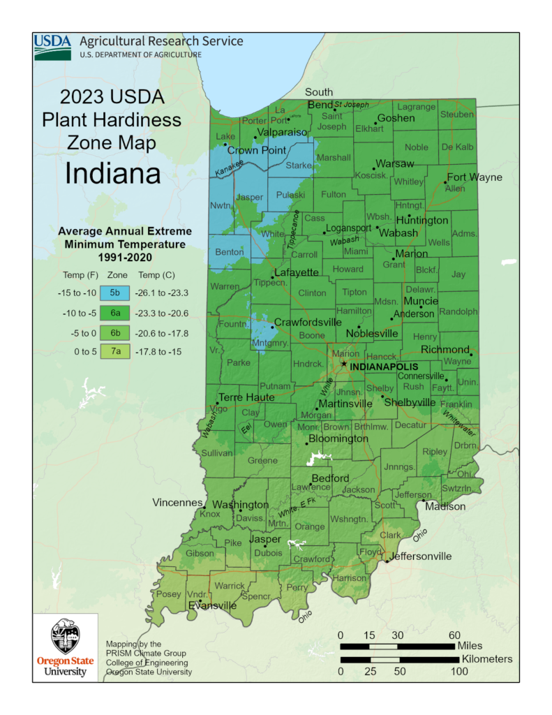 Shows growing zones in Indiana overlayed on the USDA Plant Hardiness Zone Map