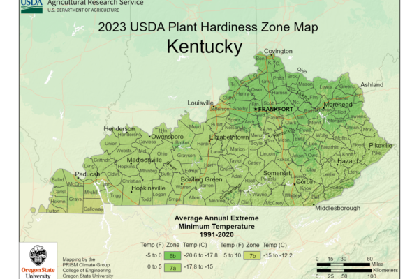 Shows growing zones in the State of Kentucky with the USDA Plant Hardiness Zone Map.