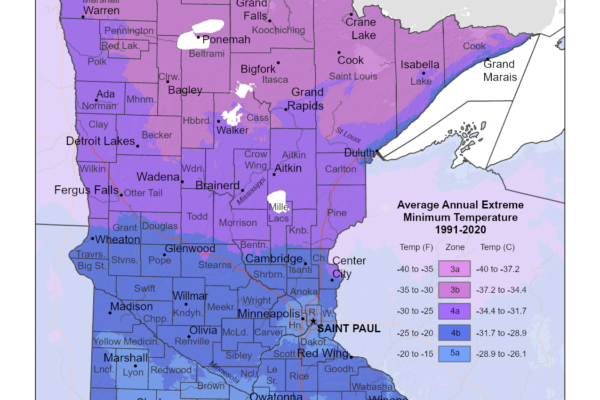 Shows growing zones in Minnesota with the USDA Plant Hardiness Zone Map