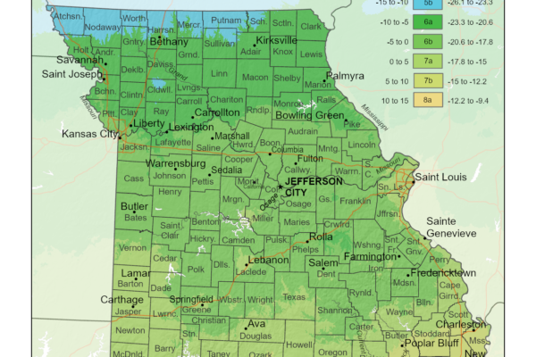 Shows growing zones in the State of Missouri with the UDSA Plant Hardiness Zone Map.