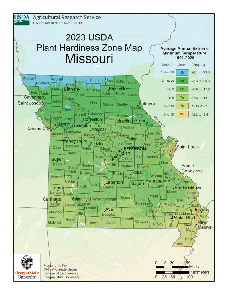 Shows growing zones in the State of Missouri with the UDSA Plant Hardiness Zone Map.