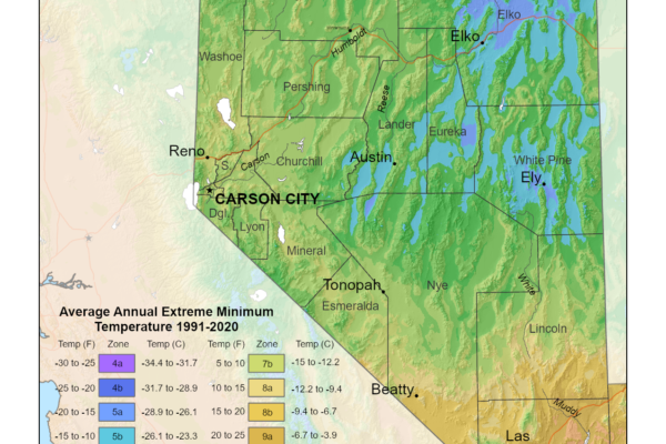 Shows planting and growing zones in the State of Nevada with the USDA Plant Hardiness Zone Map.