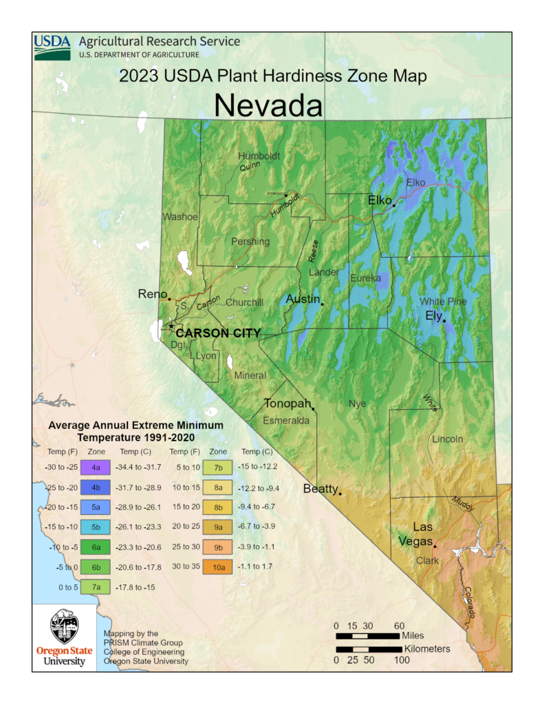 Shows planting and growing zones in the State of Nevada with the USDA Plant Hardiness Zone Map.