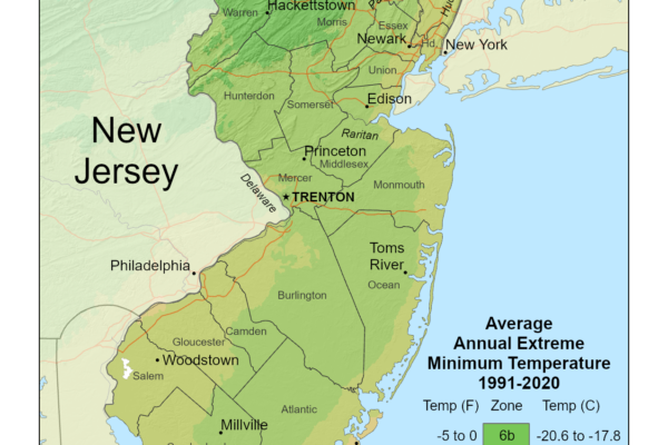 Shows New Jersey USDA plant growing Hardiness zones