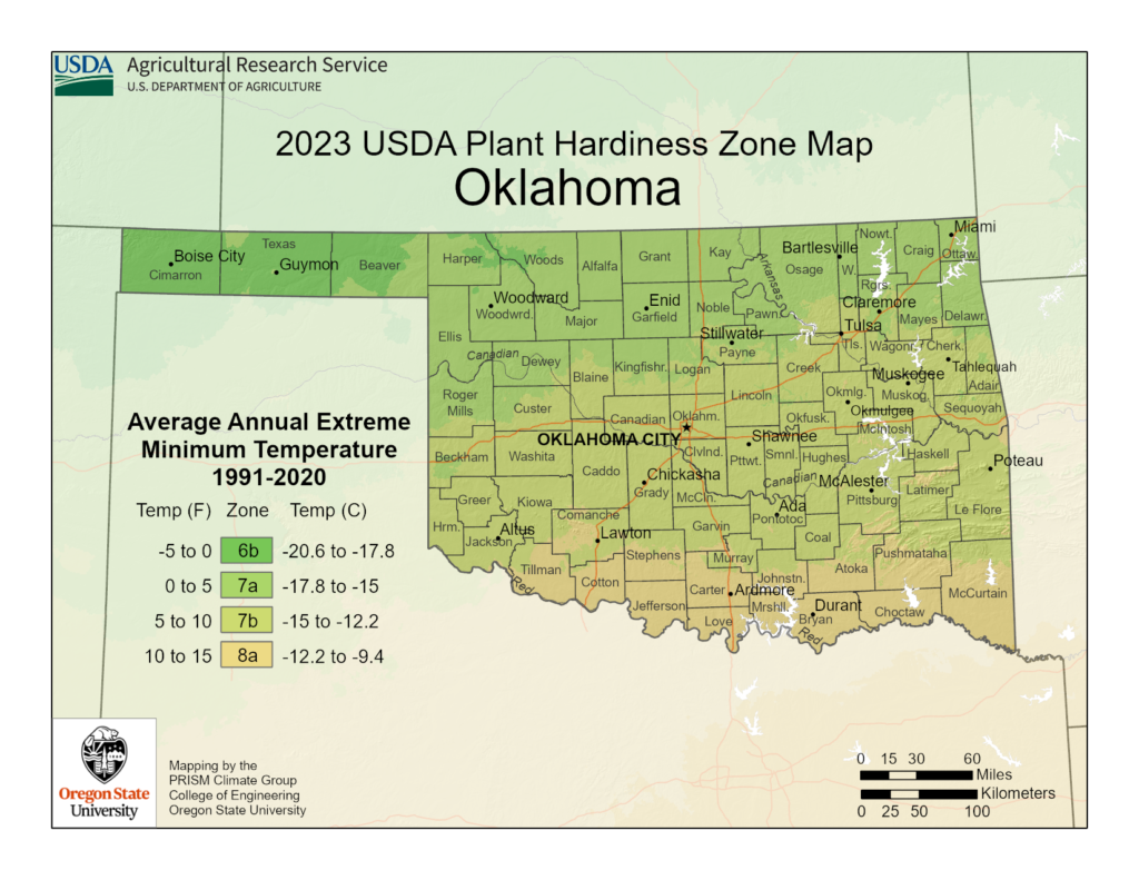 Shows Oklahoma growing zones with the USDA Plant Hardiness Zone Map. 