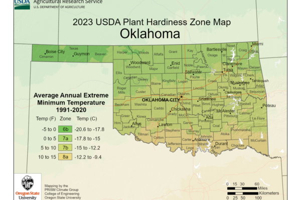 Shows Oklahoma growing zones with the USDA Plant Hardiness Zone Map.