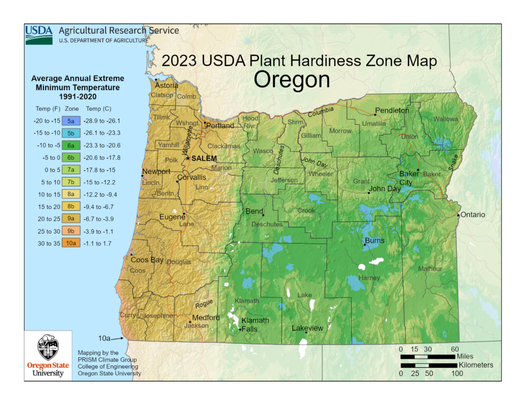 Shows growing zones in the State of Oregon with the USDA Plant Hardiness Zone Map.