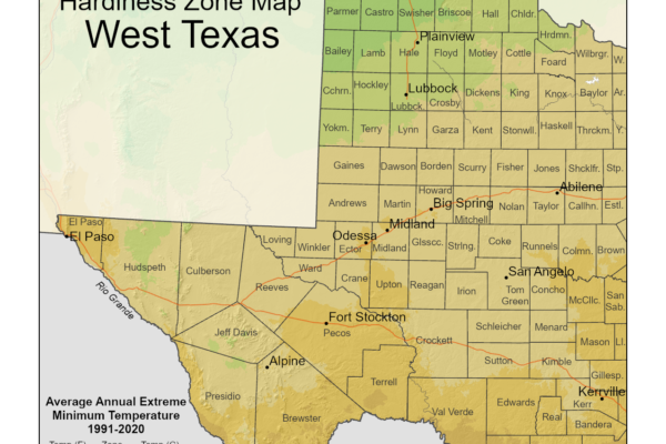 Shows growing zones in West Texas with the USDA Plant Hardiness Zone Map.