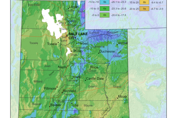 Shows growing zones in the State of Utah with the USDA plant hardiness zone map.