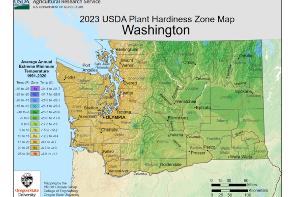 shows growing zones in the State of Washington using the USDA Plant Hardiness Zone Map.