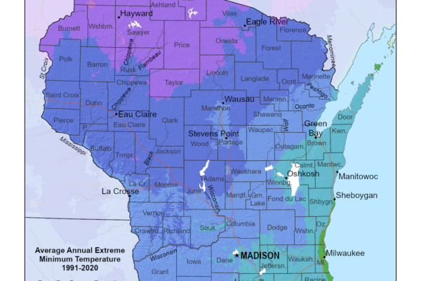 Shows planting zones in the State of Wisconsin with the USDA Plant Hardiness Zone Map.