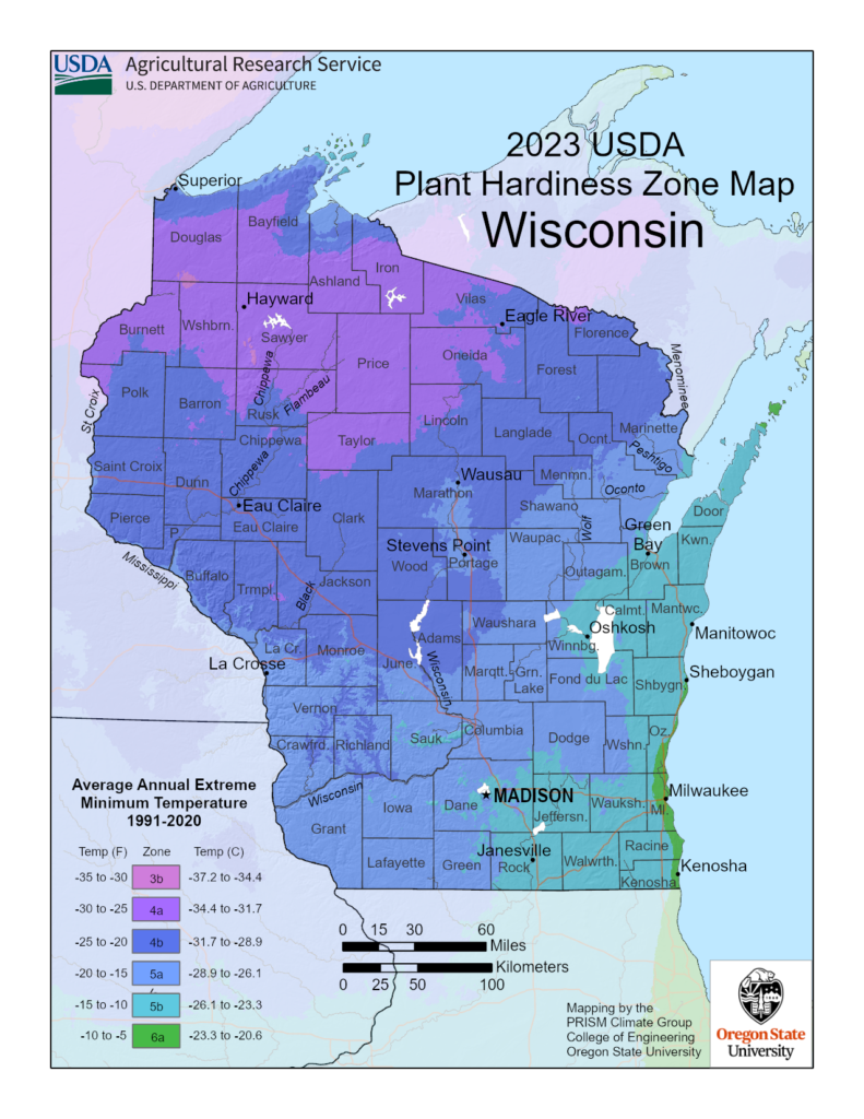 Shows planting zones in the State of Wisconsin with the USDA Plant Hardiness Zone Map.