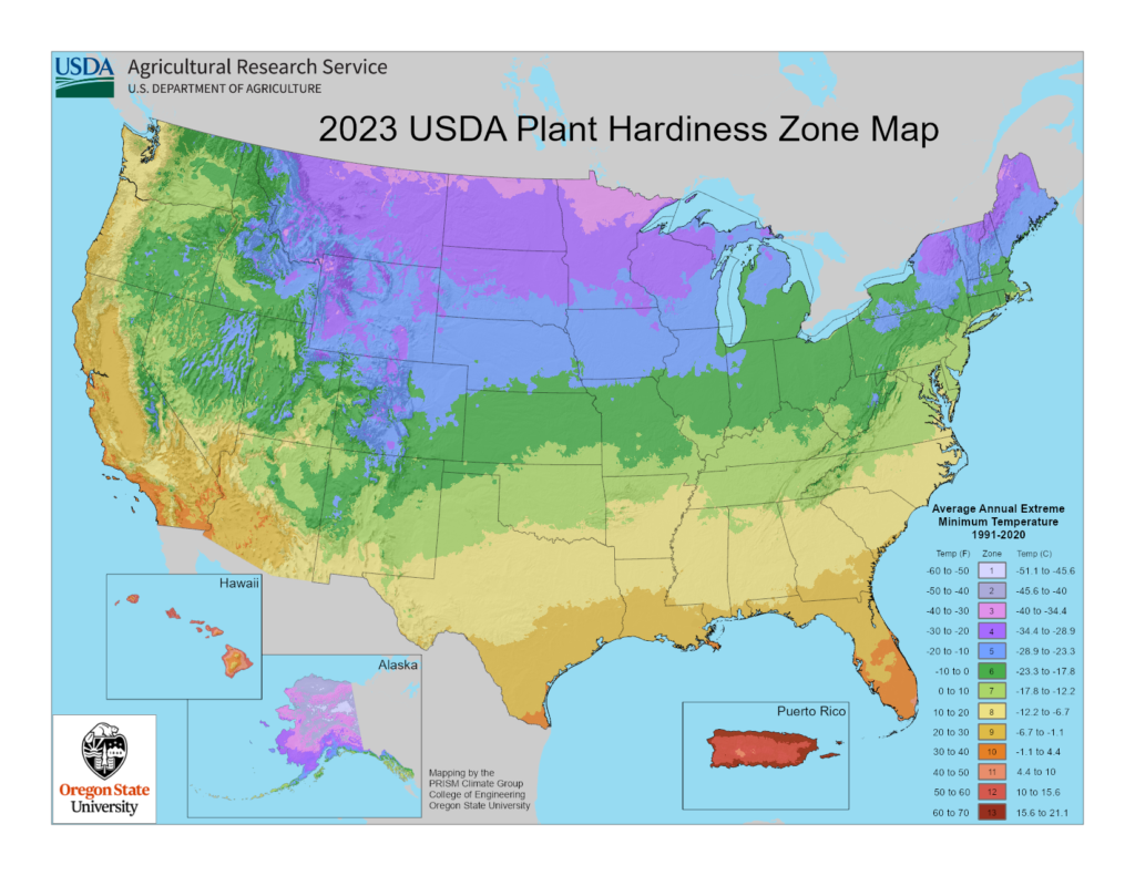 Shows full plant hardiness zones for gardening