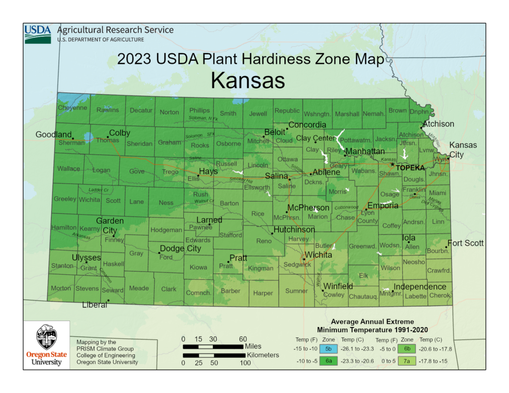 Shows growing and planting zones in the State of Kansas