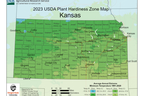 Shows growing and planting zones in the State of Kansas