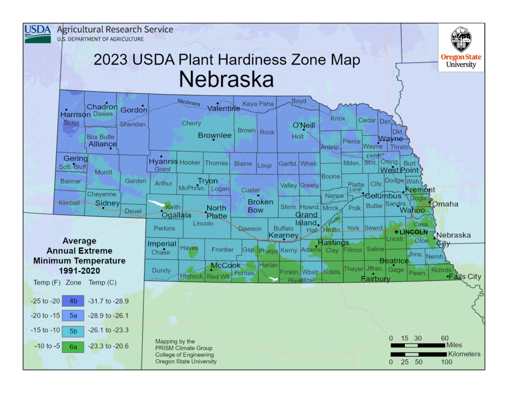 Shows planting and growing zones in Nebraska.