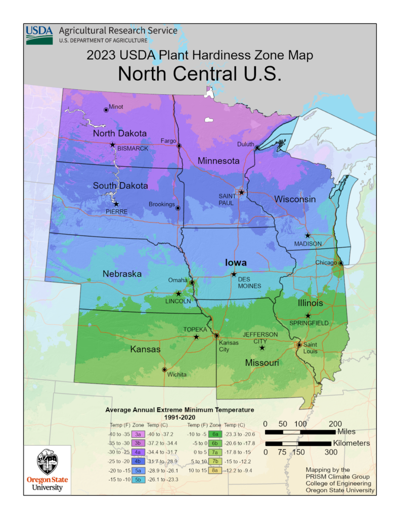 Shows vegetable hardiness, planting and growing zones in North Central USA