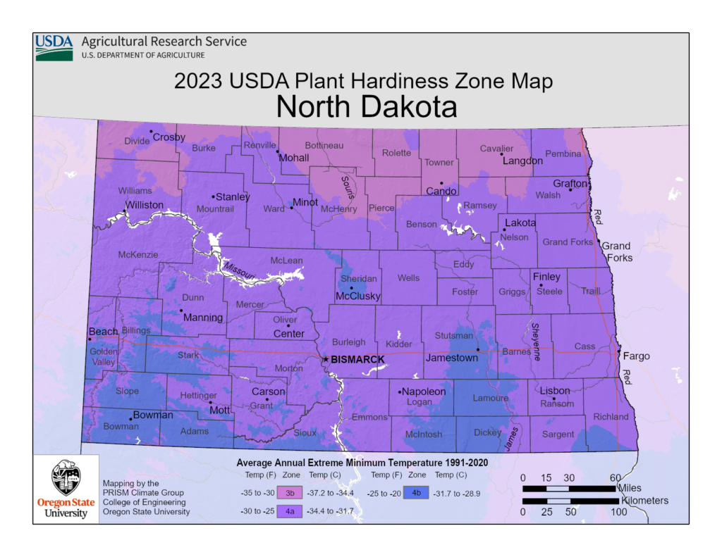 Shows growing and planting zones in North Dakota