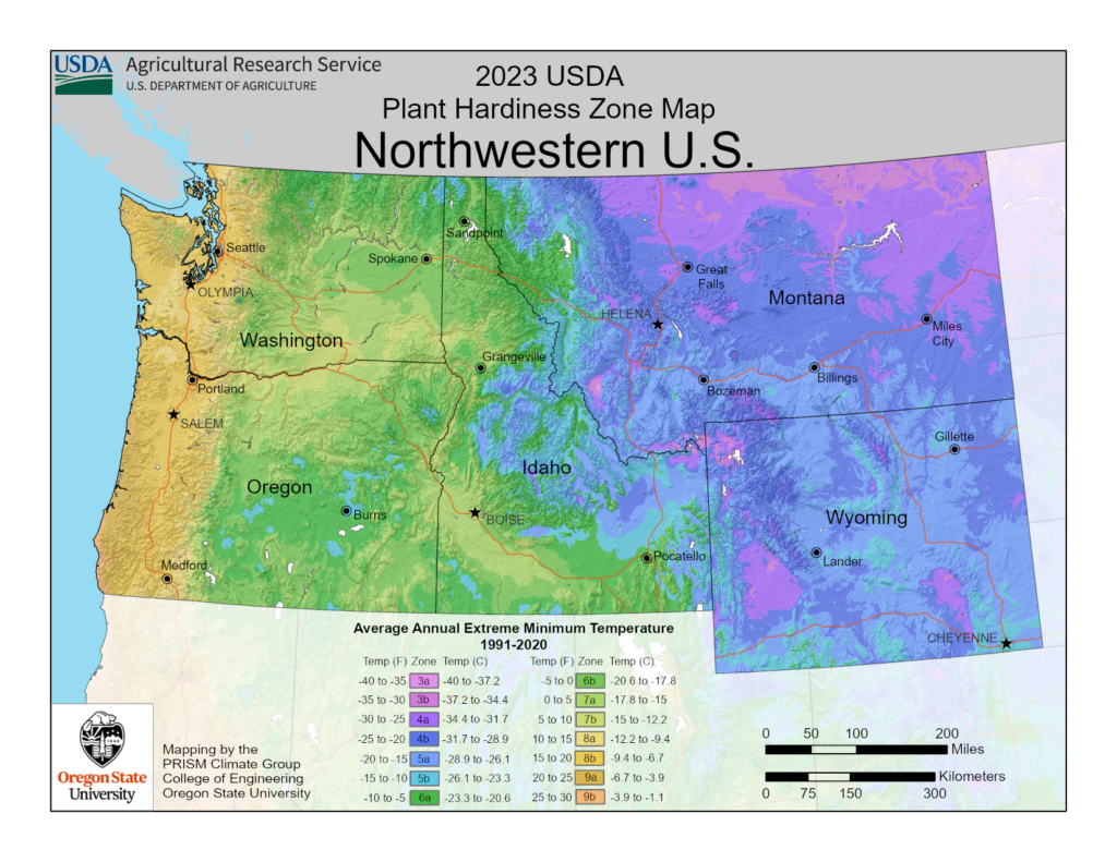 Shows vegetable hardiness, planting and growing zones in Northwestern USA