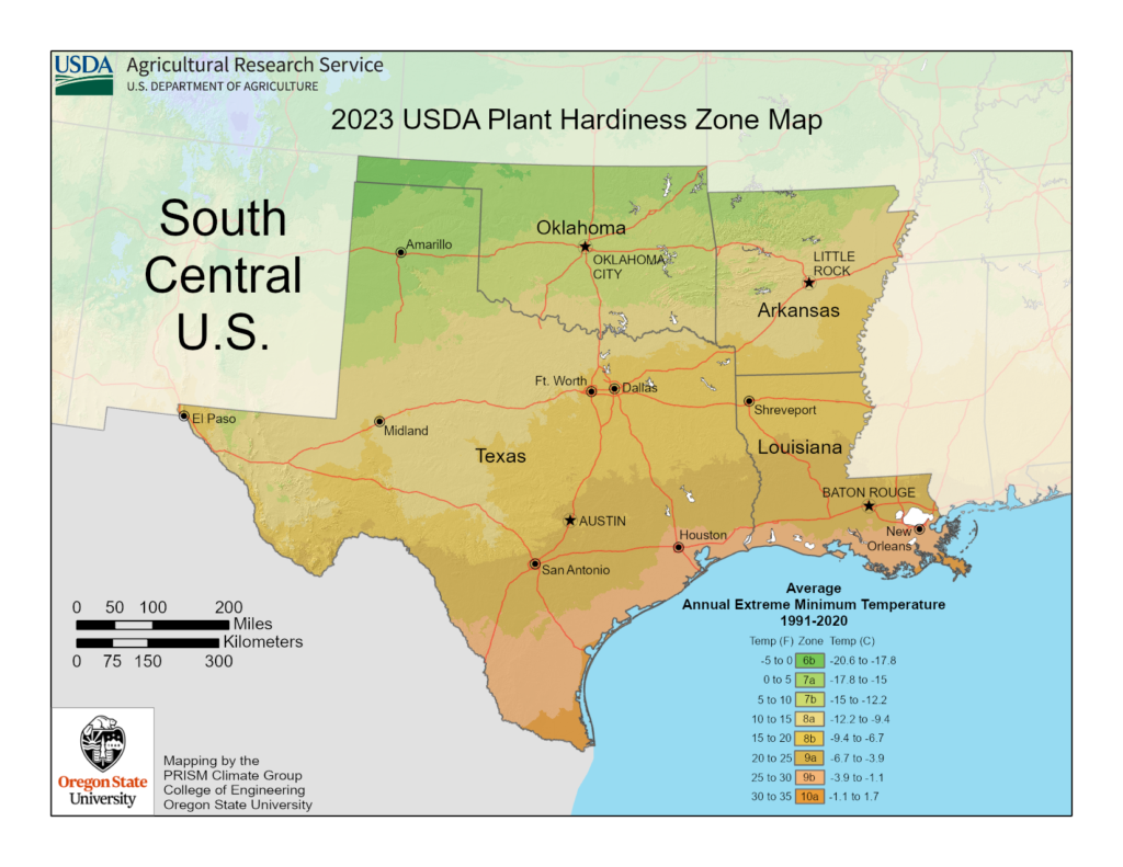 Shows vegetable hardiness, planting and growing zones in South Central USA