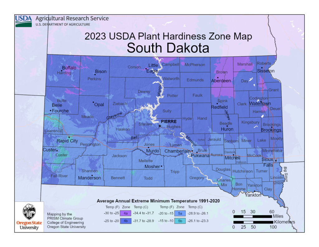 Shows growing and planting zones in the State of South Dakota