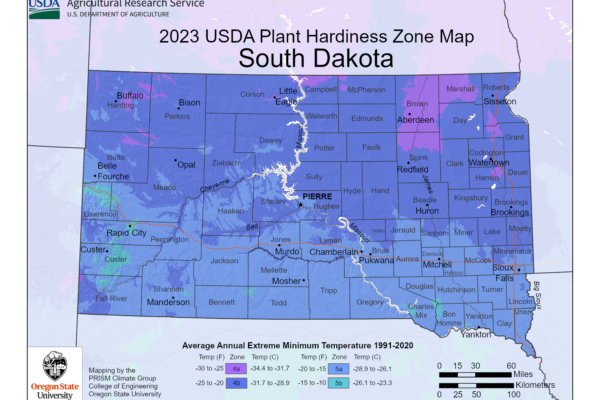 Shows growing and planting zones in the State of South Dakota