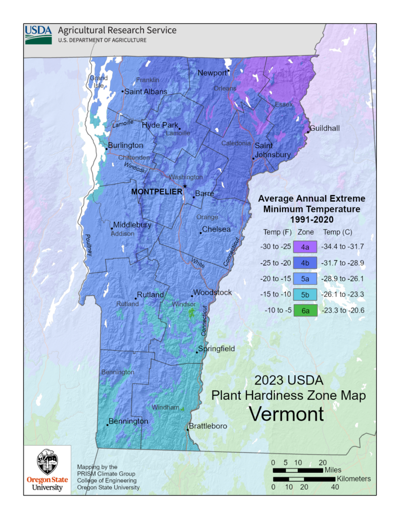 Shows growing and planting zones in Vermont