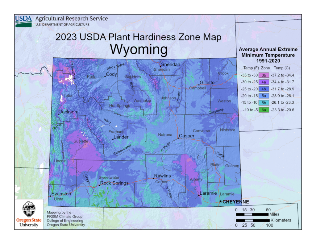 Shows hardiness zones for growing and planting in Wyoming