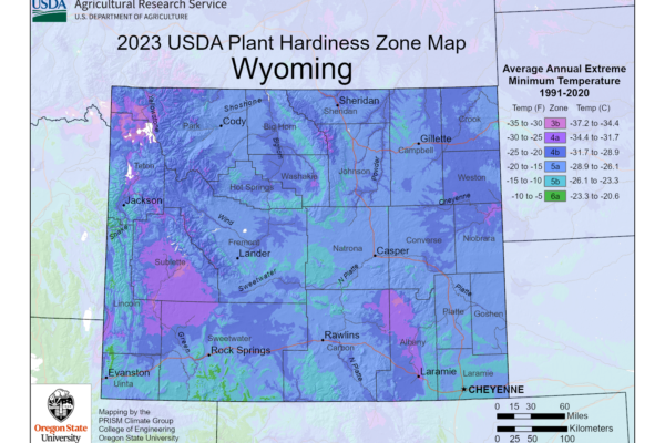 Shows hardiness zones for growing and planting in Wyoming