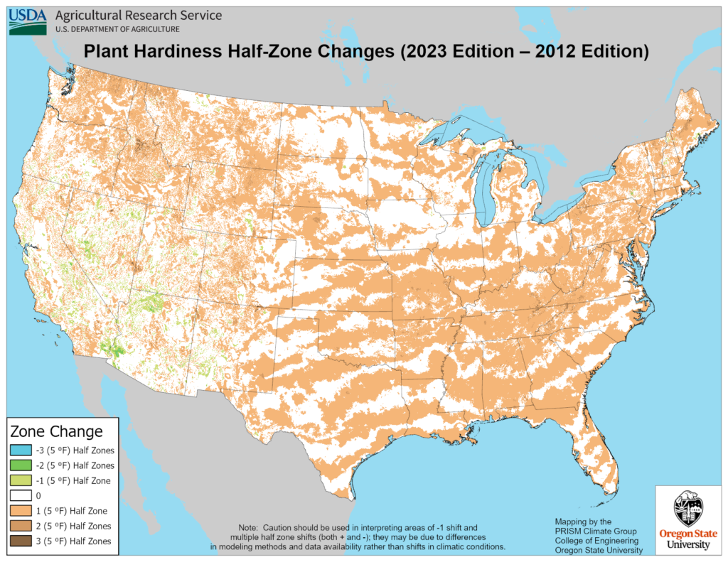 Shows temperature changes between the 2012 USDA Plant Hardiness Zone Map and the 2023 USDA Plant Hardiness Zone Map